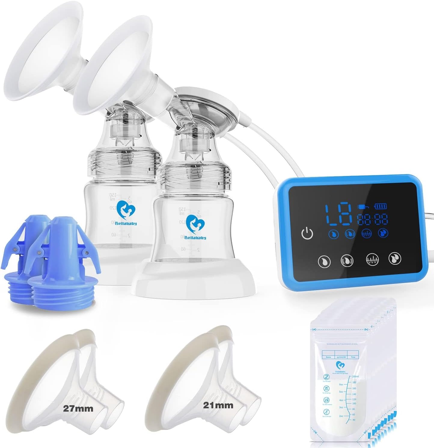 Bellababy Electric Double Breast Pump Portable 4 Modes & 9 Levels Efficient Suction, Touch Control LED Timer Display Rechargeable Double Pumps, Newly Upgraded Comes with 21mm, 24mm, 27mm Flanges