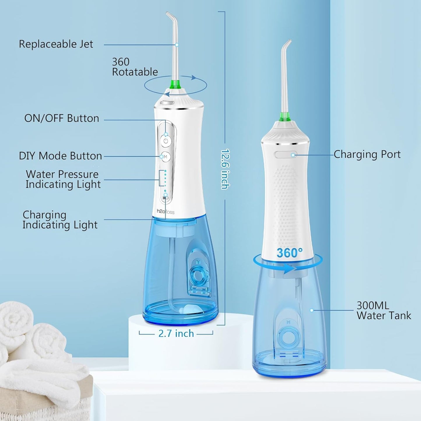 H2ofloss 2023 upgraded whitening water floss, portable and rechargeable, gentle teeth whitening, IPX7 waterproof (P11White)