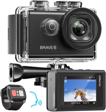 AKASO Brave 6 4K 20MP WiFi Action Camera Voice Control EIS Web Camera 100 feet Underwater Waterproof Camera Remote Control 6X Zoom Underwater Camcorde