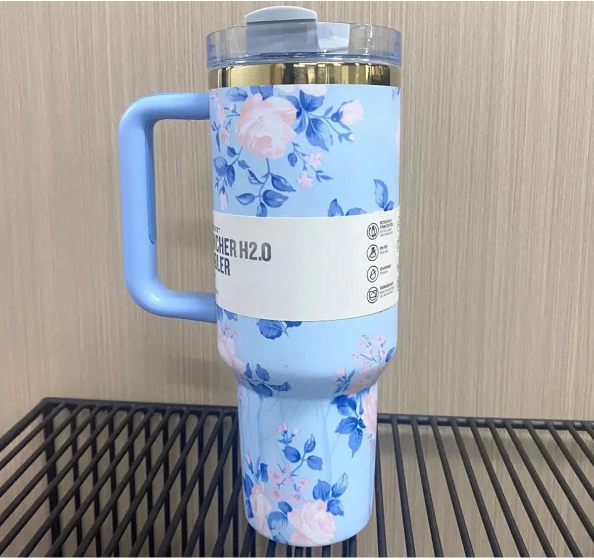 Quencher H2.0 FlowState Stainless Steel Vacuum Insulated Tumbler with Lid and Straw for Water, Iced Tea or Coffee, Smoothie and More, 40 oz (Rose Quartz) (Floral Blue)