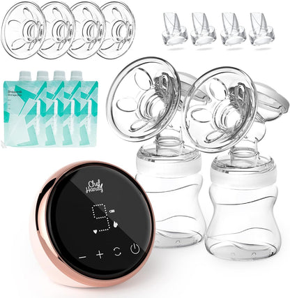 chefhandy Electric Breast Pump, Portable Pump with 2 Modes 9 Levels, Double 24mm 27mm Massage Flanges, Strong Suction hands free come 4 Breastmilk Storage Bags, pink, 1 Count