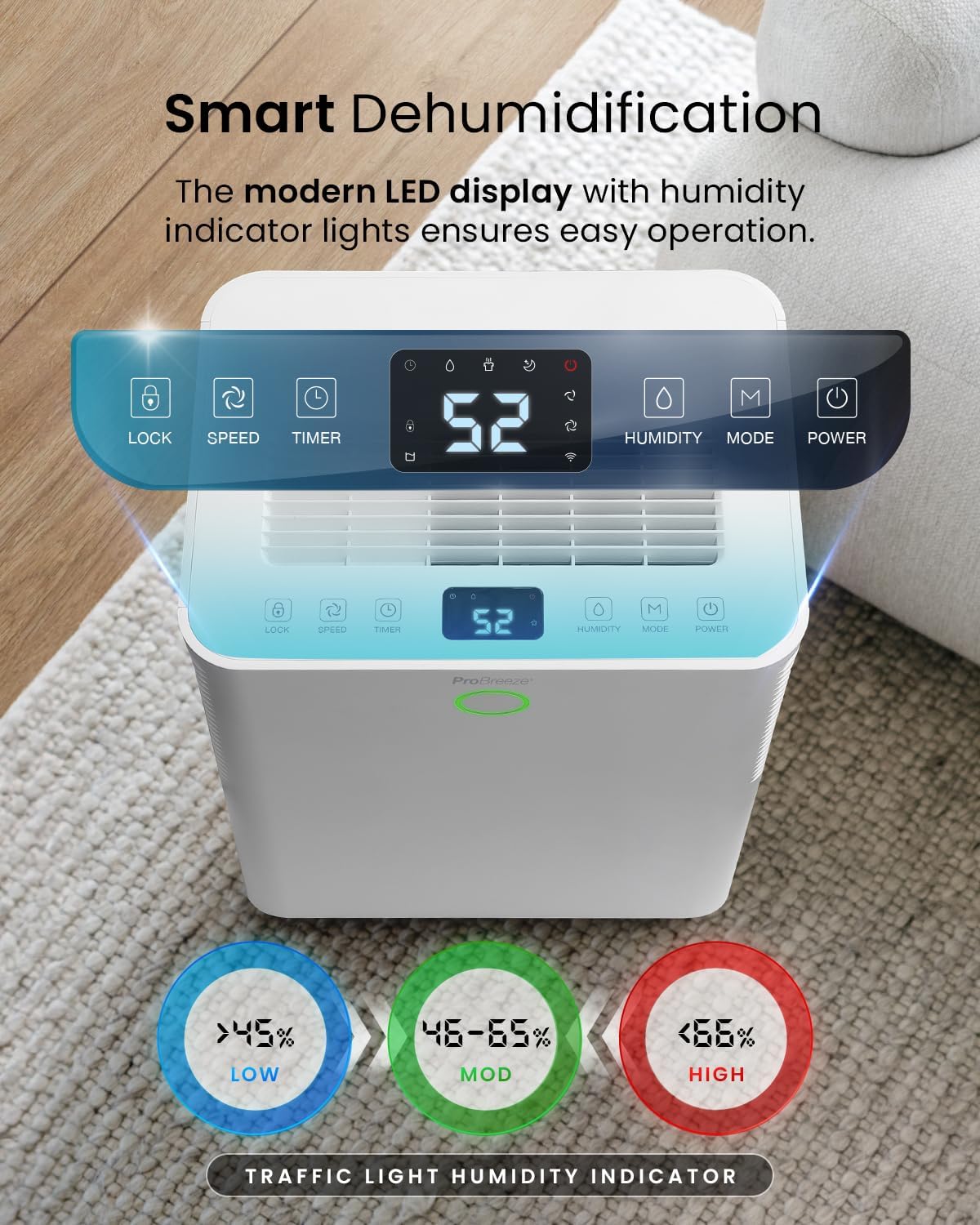 Pro Breeze® 20L/Day Smart Compressor Dehumidifier with 4L Water Tank, Laundry Drying & Automatic Humidity Sensor - Mould Remover with 24-Hour Timer and Sleep Mode for Damp, Mould and Condensation