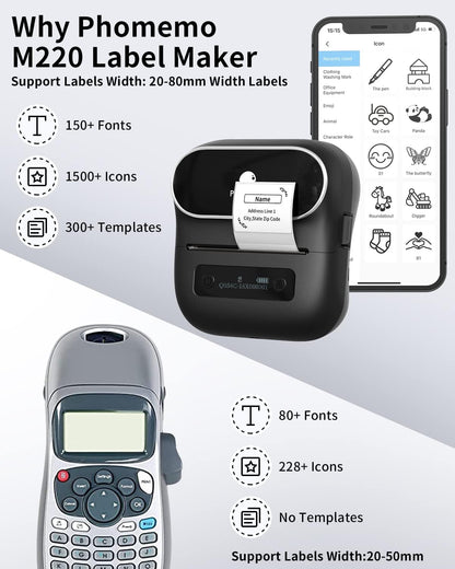 Phomemo M220 Label Maker, 3 Inch Label Printer - Sticker, Barcode for Clothing, Mailing, Small Business, Compatible with Phone, PC, Bluetooth Thermal Printer, Support Many Language
