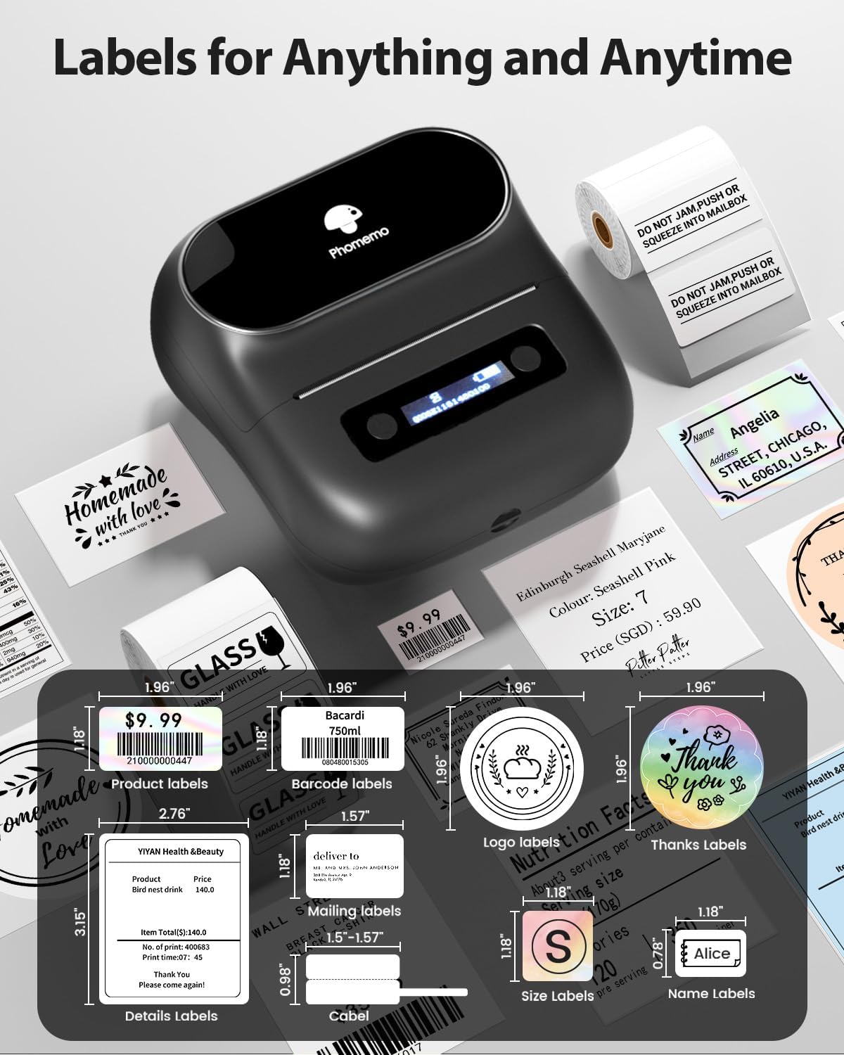 Phomemo M220 Label Maker, 3 Inch Label Printer - Sticker, Barcode for Clothing, Mailing, Small Business, Compatible with Phone, PC, Bluetooth Thermal Printer, Support Many Language