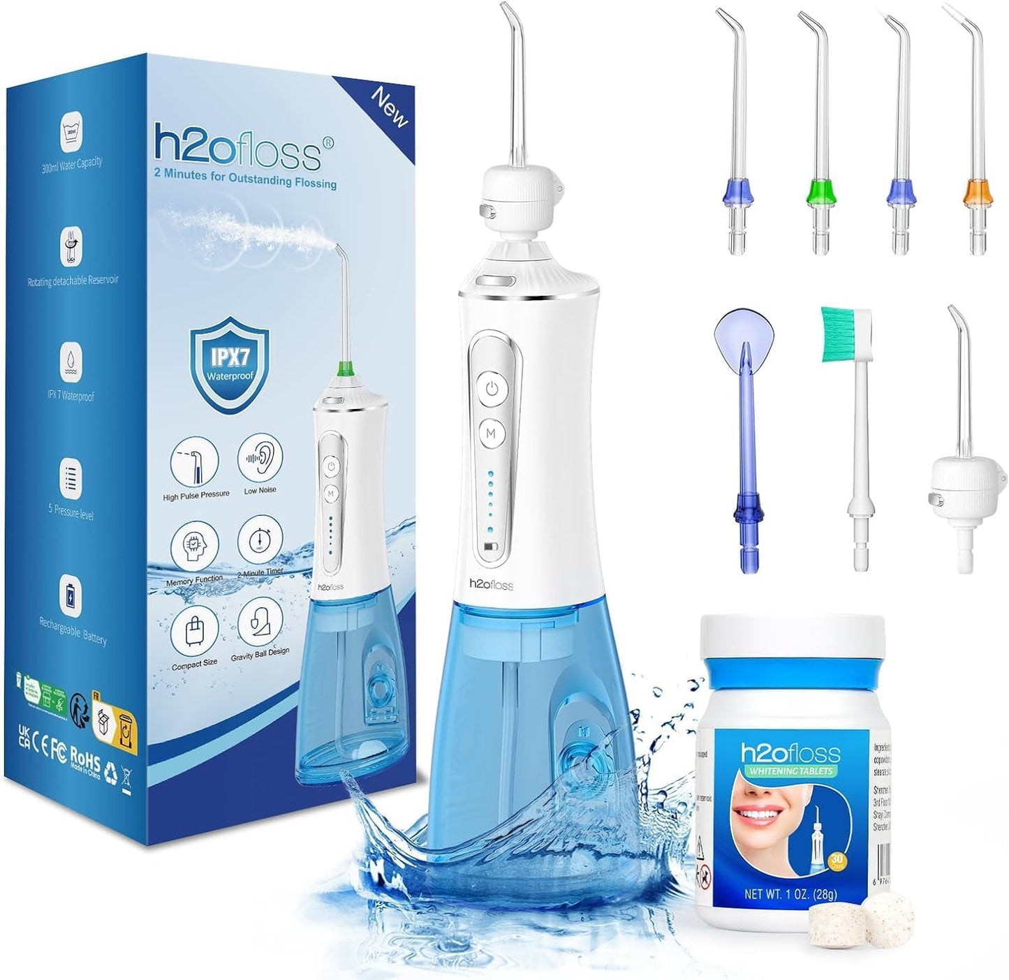 H2ofloss 2023 upgraded whitening water floss, portable and rechargeable, gentle teeth whitening, IPX7 waterproof (P11White)
