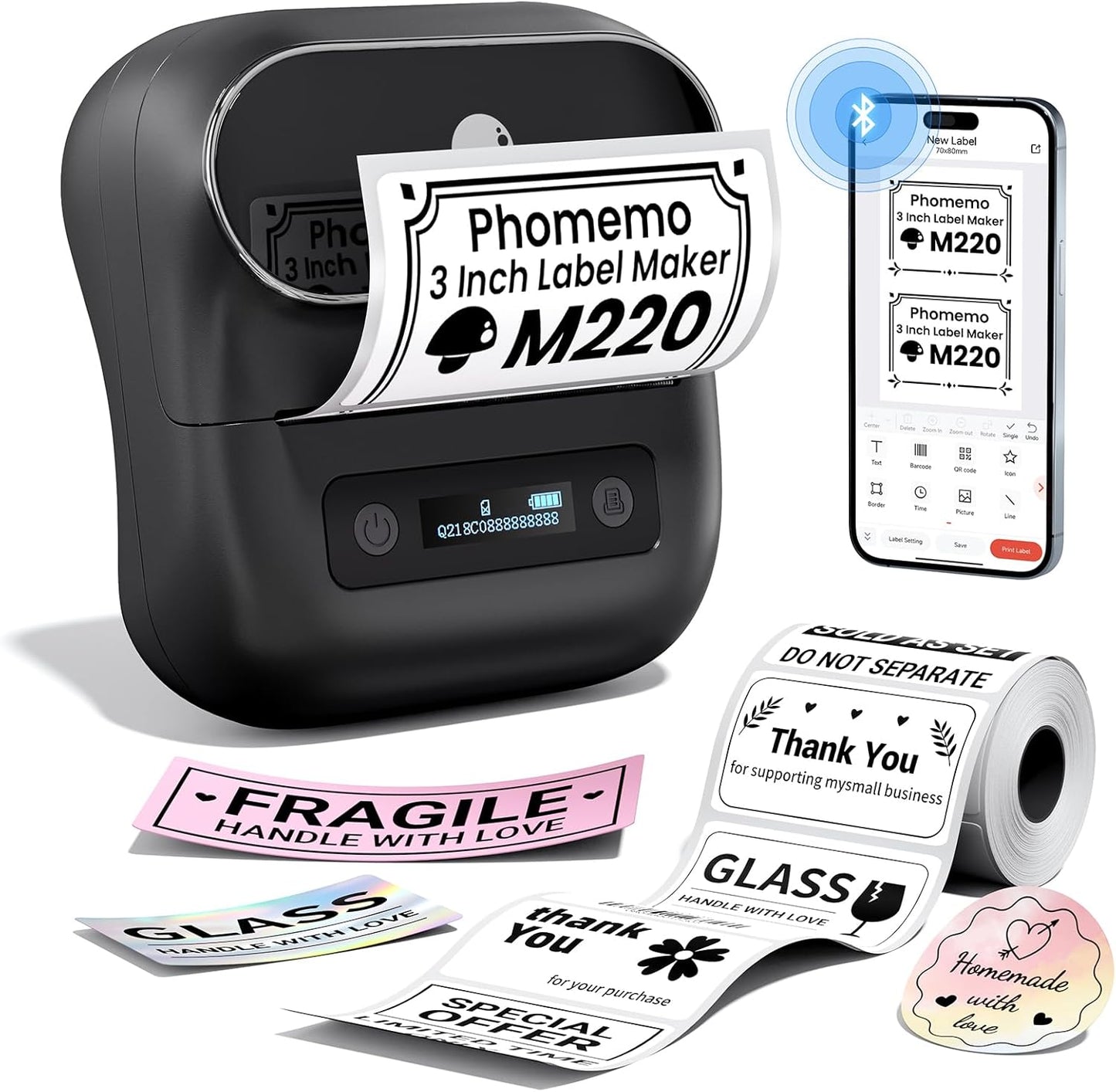 Phomemo M220 Label Maker, 3 Inch Label Printer - Sticker, Barcode for Clothing, Mailing, Small Business, Compatible with Phone, PC, Bluetooth Thermal Printer, Support Many Language