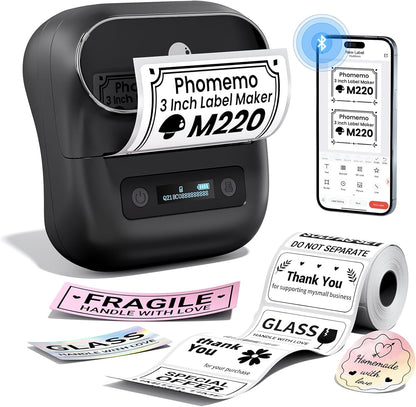 Phomemo M220 Label Maker, 3 Inch Label Printer - Sticker, Barcode for Clothing, Mailing, Small Business, Compatible with Phone, PC, Bluetooth Thermal Printer, Support Many Language