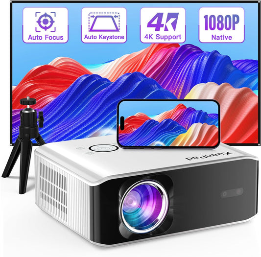 XuanPad Projector AI Auto Focus 26000L Native 1080P Smart Portable Projector 4K Supported Outdoor Home Cinema with Tripod for iOS Android TV Stick(open Box)